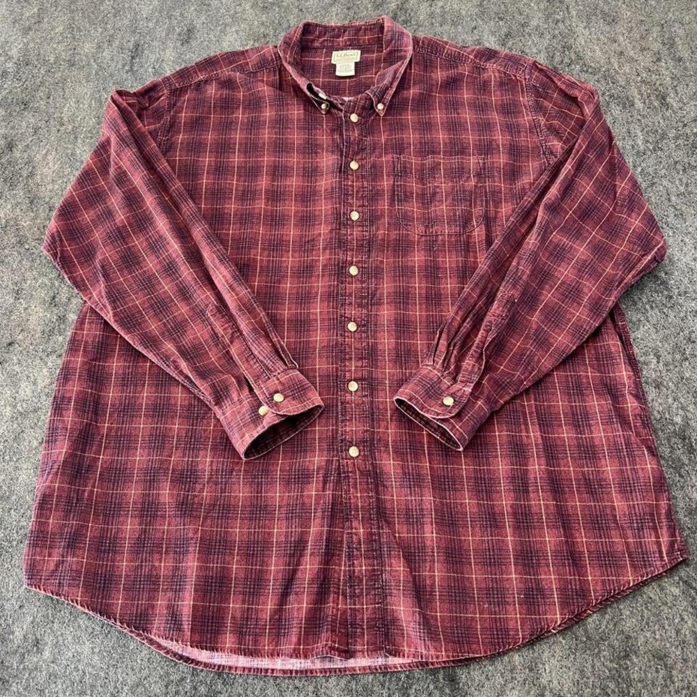 LL Bean red corduroy flannel button down plaid shirt  100% cotton mens XXL tall